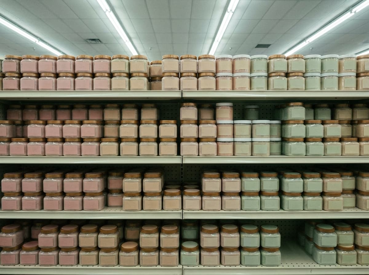 Store shelves are stacked high with many jars of pastel-colored powders with blank labels.