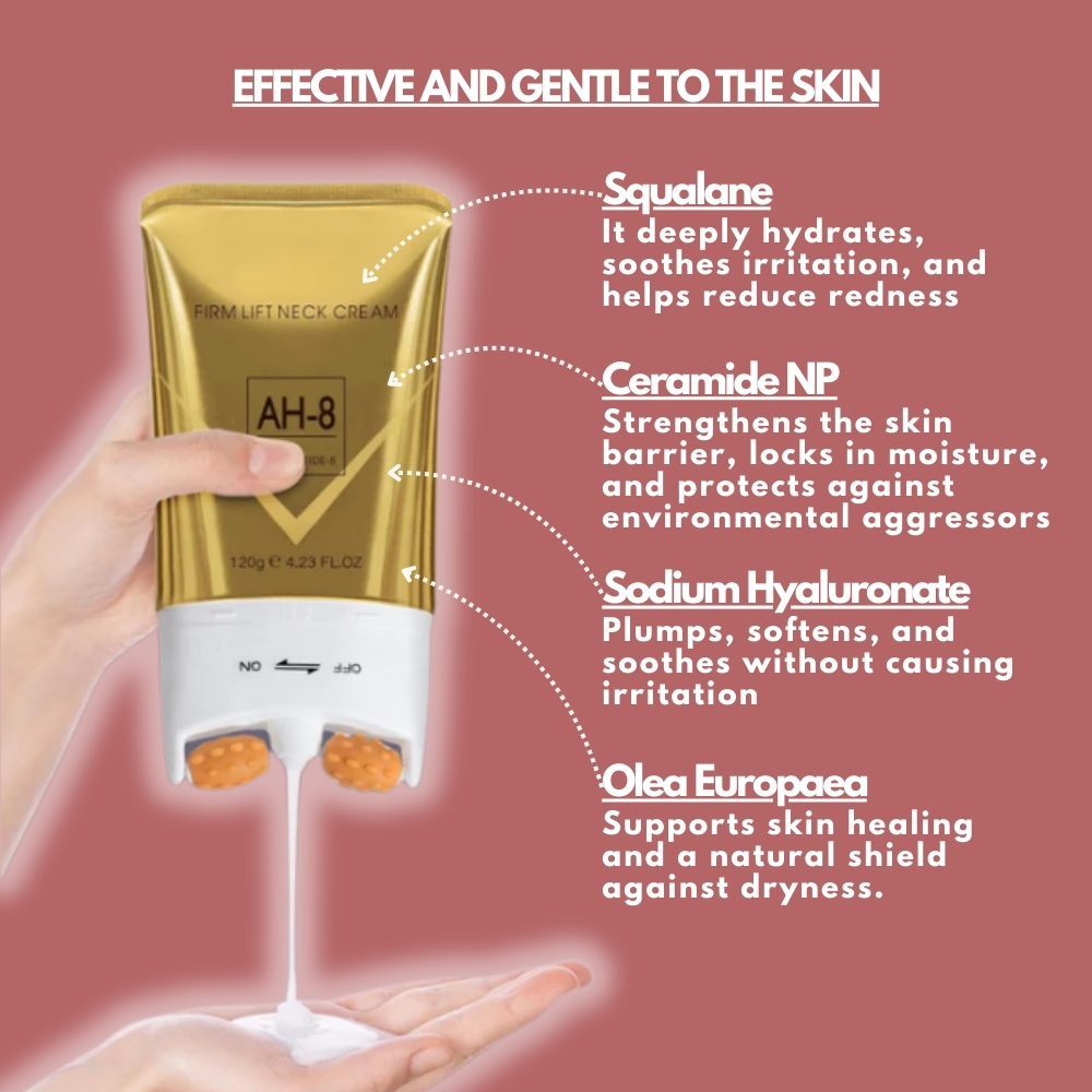 Hand holding a gold tube of neck cream with text about ingredients.