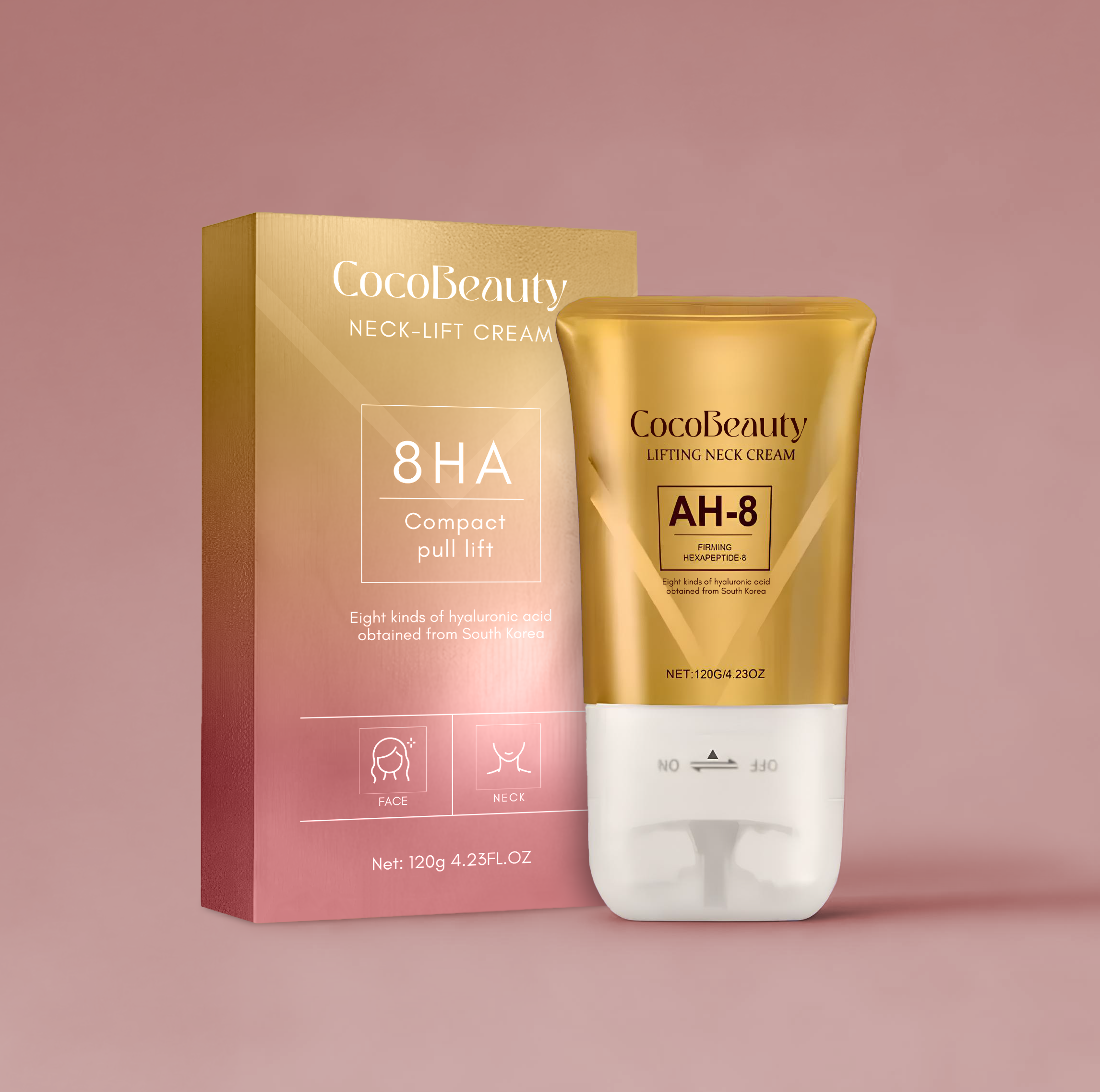CocoBeauty neck-lift cream tube and box on a pink background.