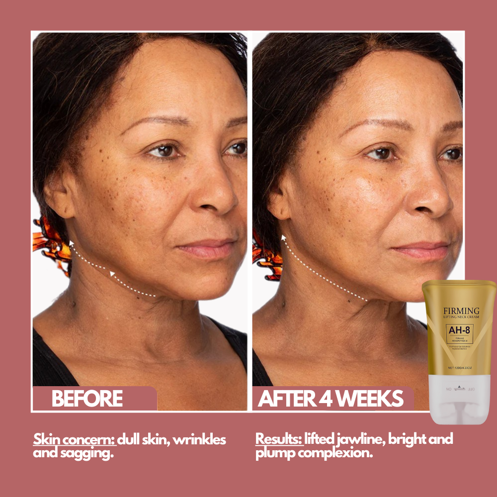 Side-by-side comparison of a woman's face before and after using a firming cream.
