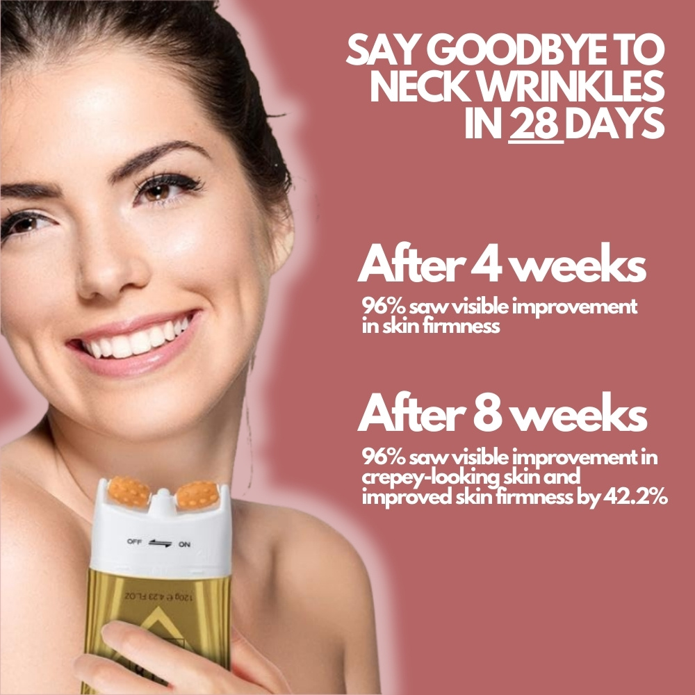 Smiling woman holding a skincare device with text about neck wrinkle improvement.