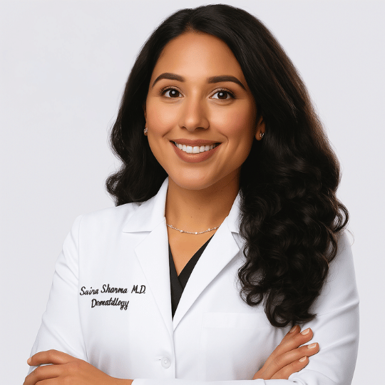 Person in a white lab coat smiling with arms crossed.