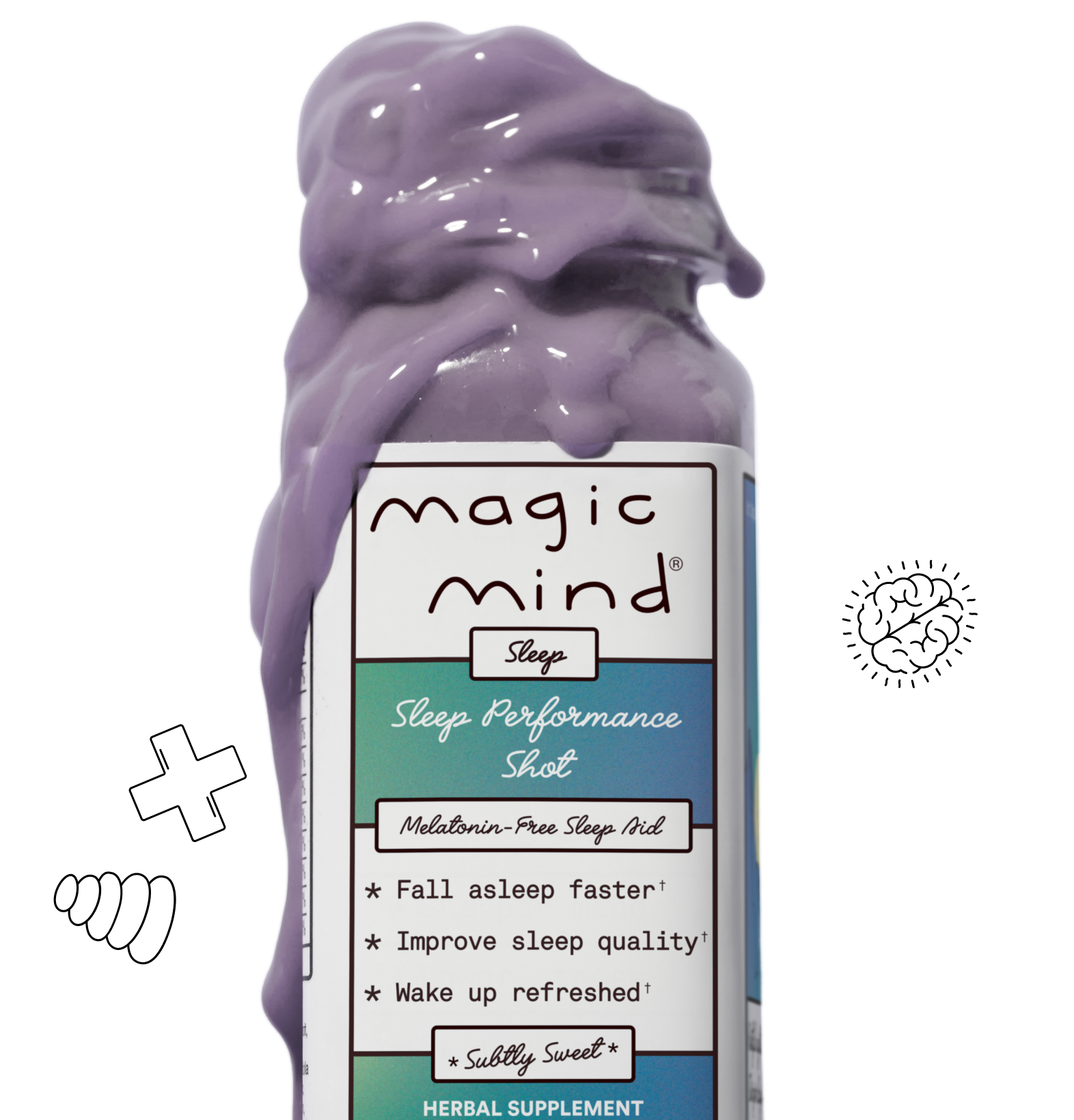 Purple liquid dripping over a bottle labeled 'magic mind Sleep Performance Shot.'