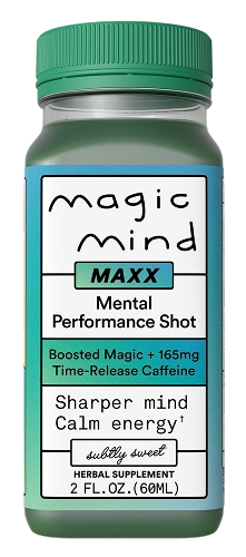 Green bottle labeled 'Magic Mind' mental performance shot with caffeine and herbal supplement details.