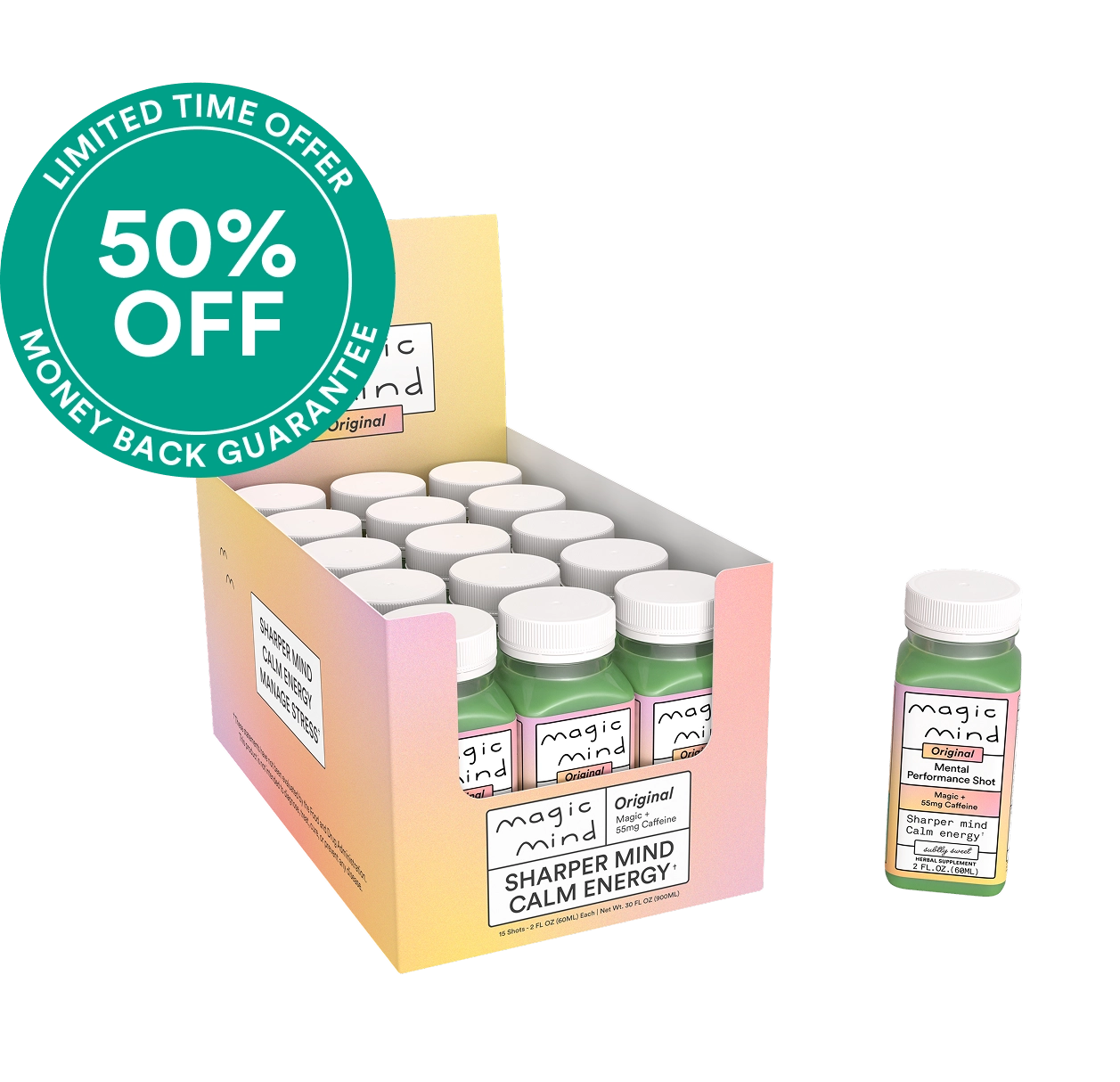 Box of green energy shots with a 50% off label.