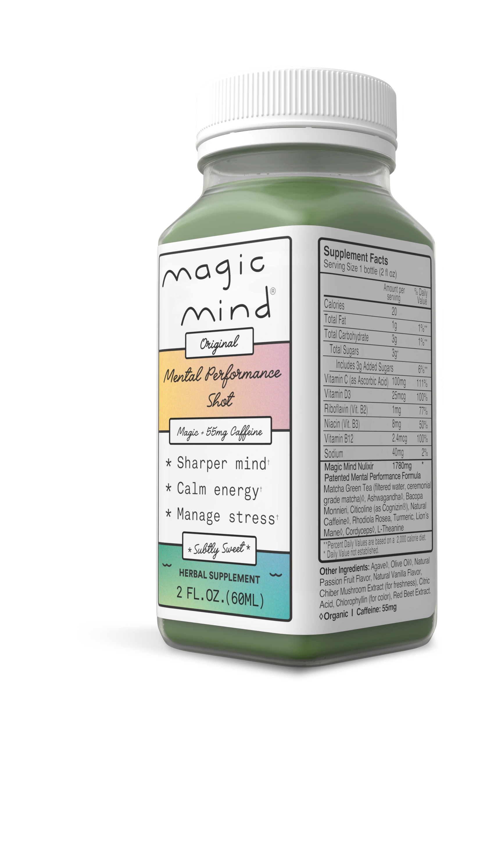Bottle of Magic Mind mental performance shot with supplement facts label.