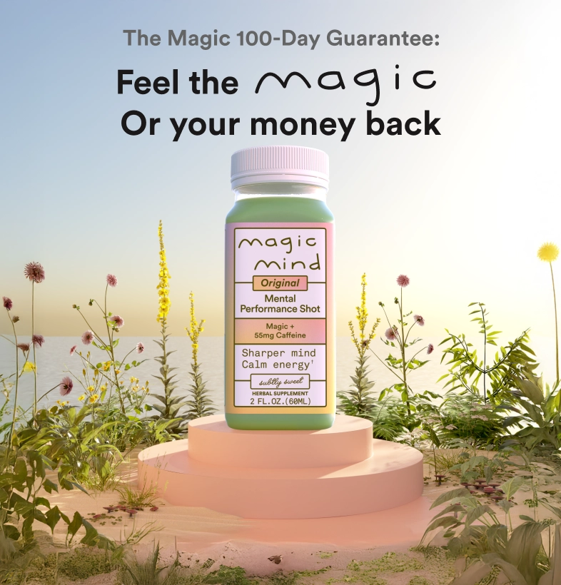 Bottle of Magic Mind on a pedestal with plants and sky background.