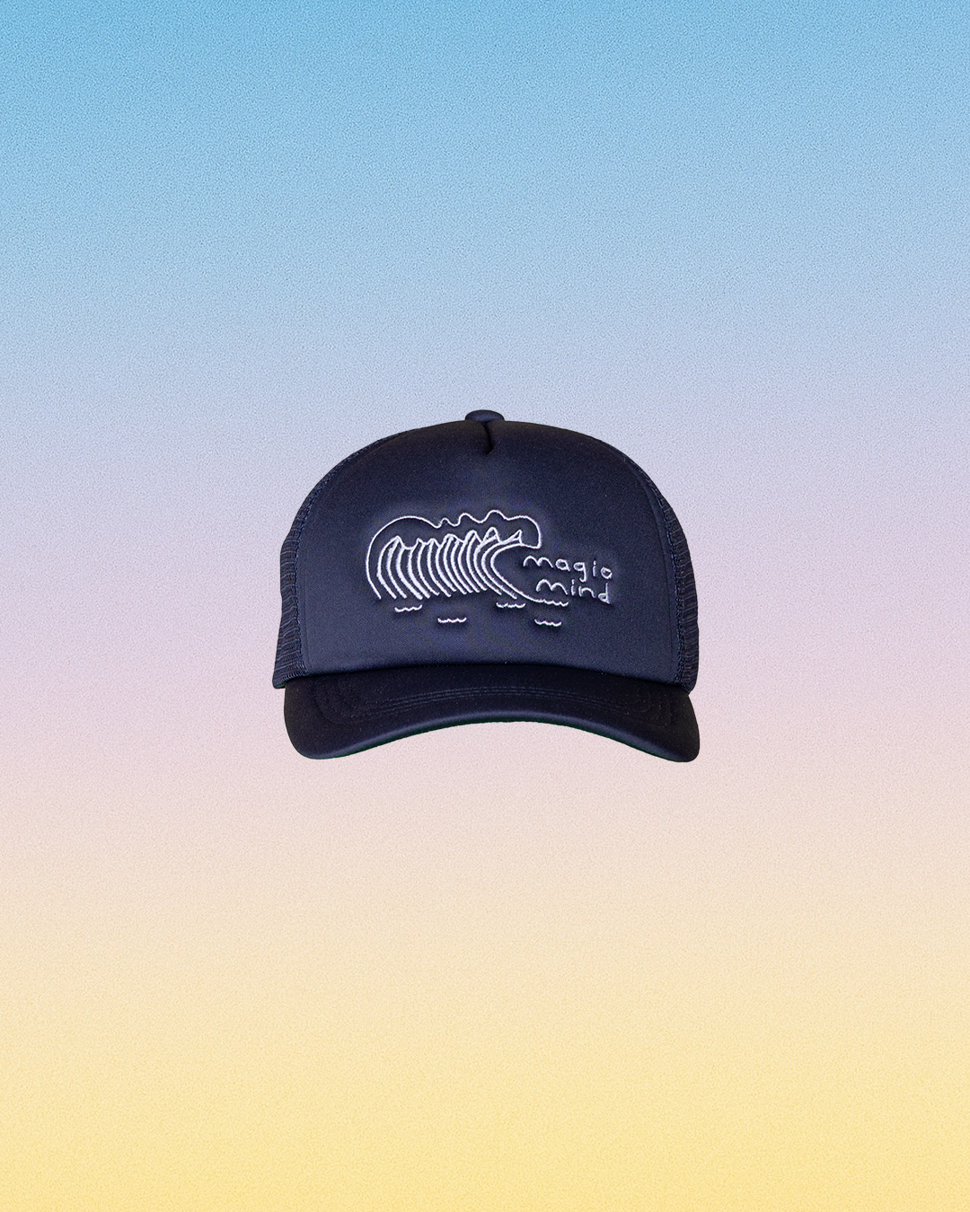 Black cap with wave logo on gradient background.