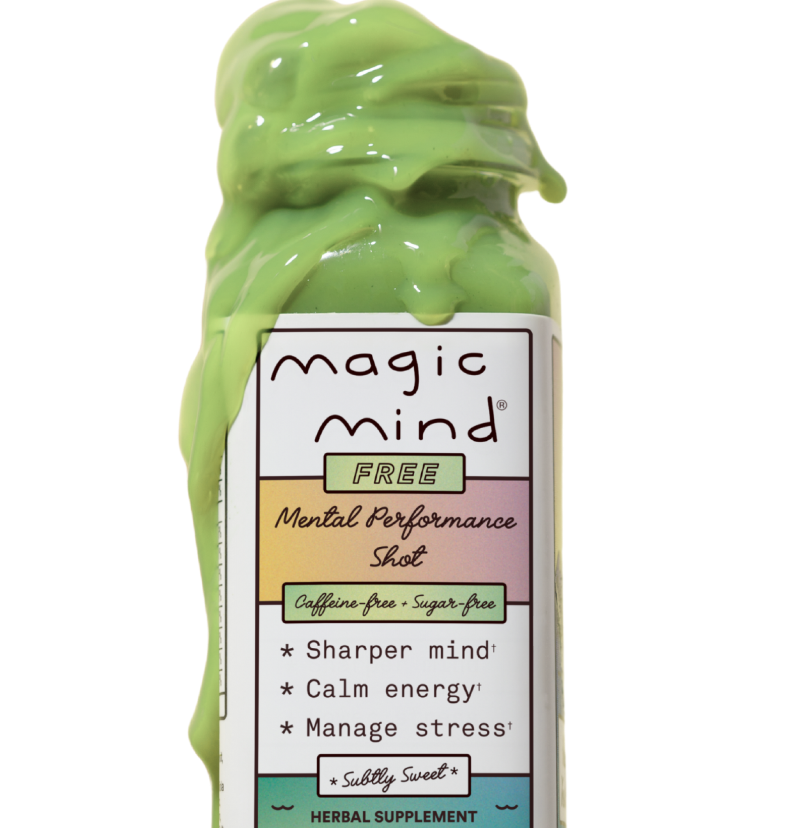 Green liquid dripping over a labeled bottle of herbal supplement.