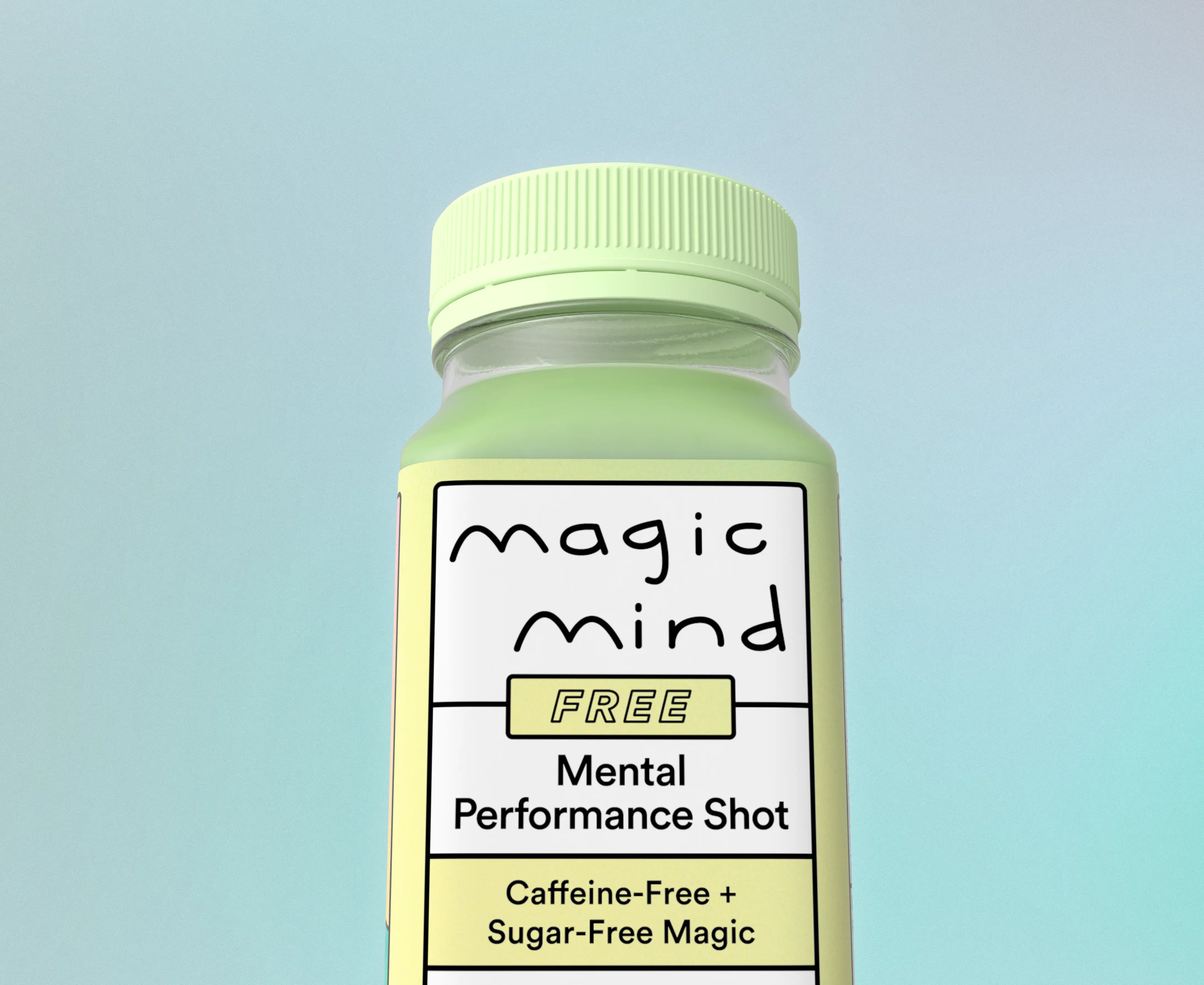 Green bottle labeled 'magic mind' on a blue background.