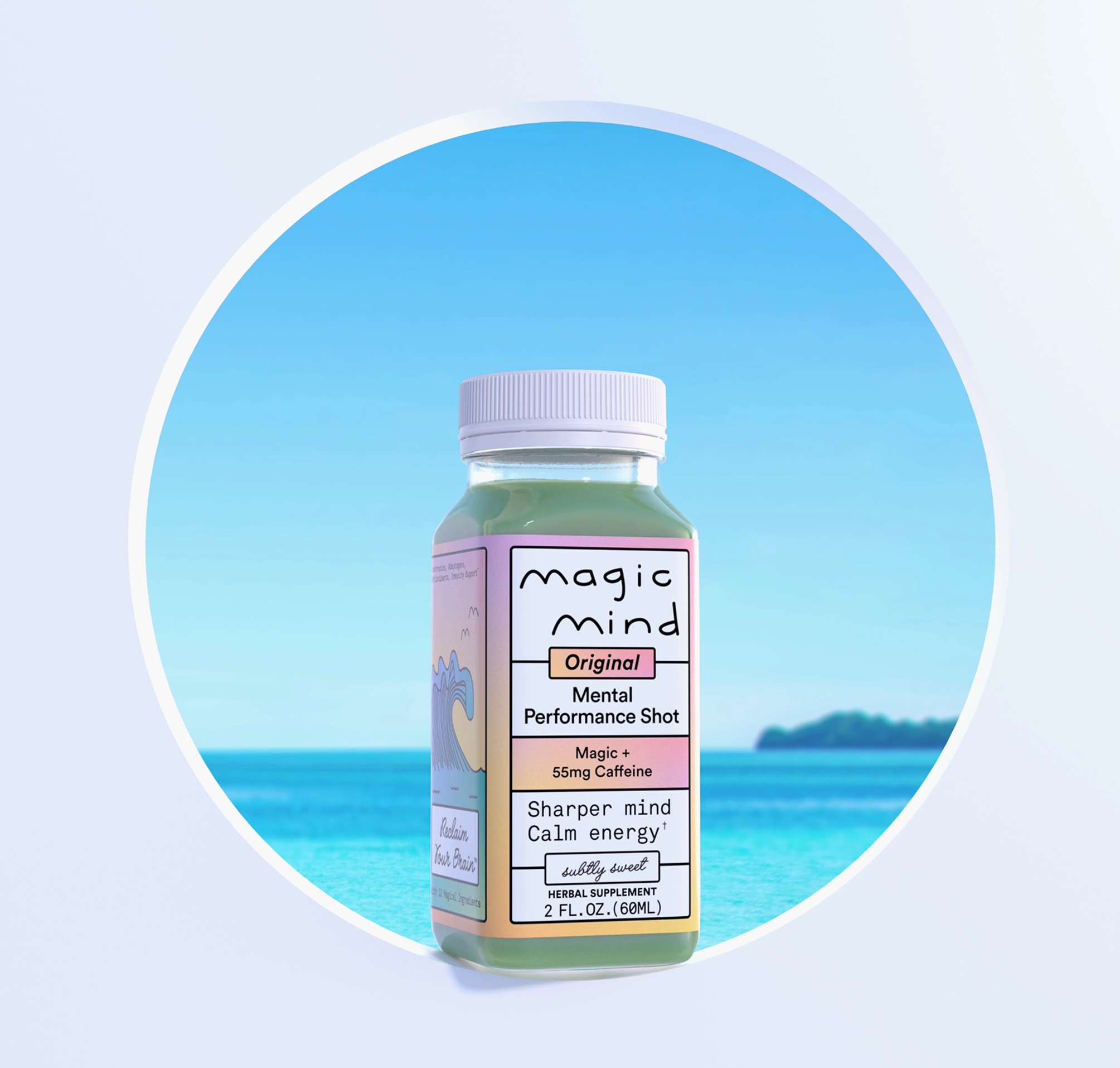 A bottle of Magic Mind supplement against a serene ocean background.