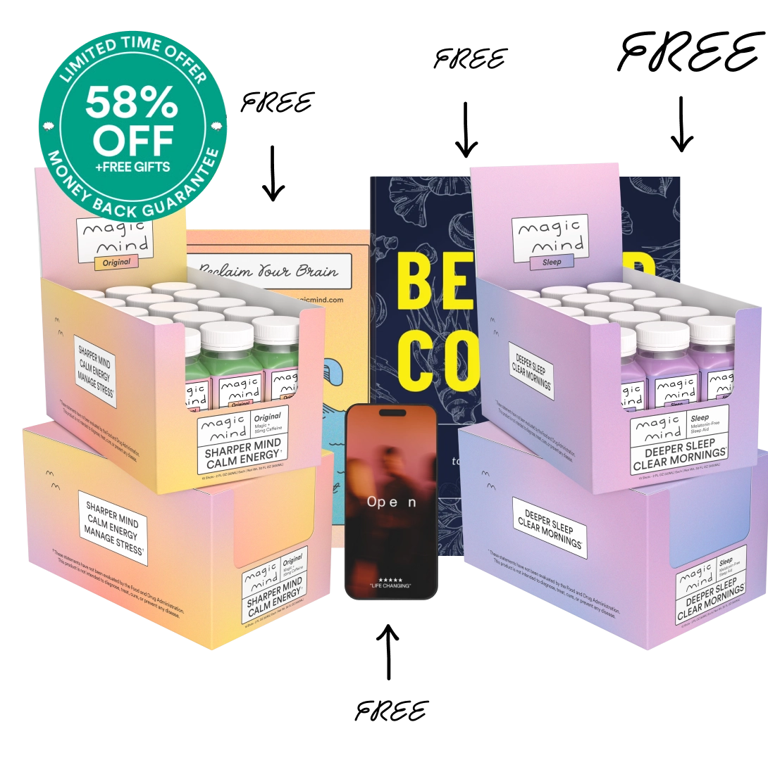 Display of Magic Mind products with free offers and discount badge.