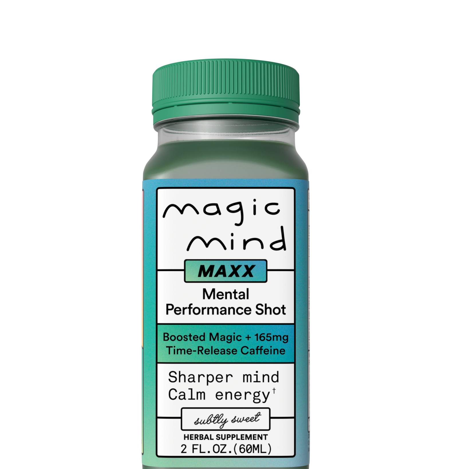 Bottle of 'Magic Mind Maxx' mental performance shot with green cap.