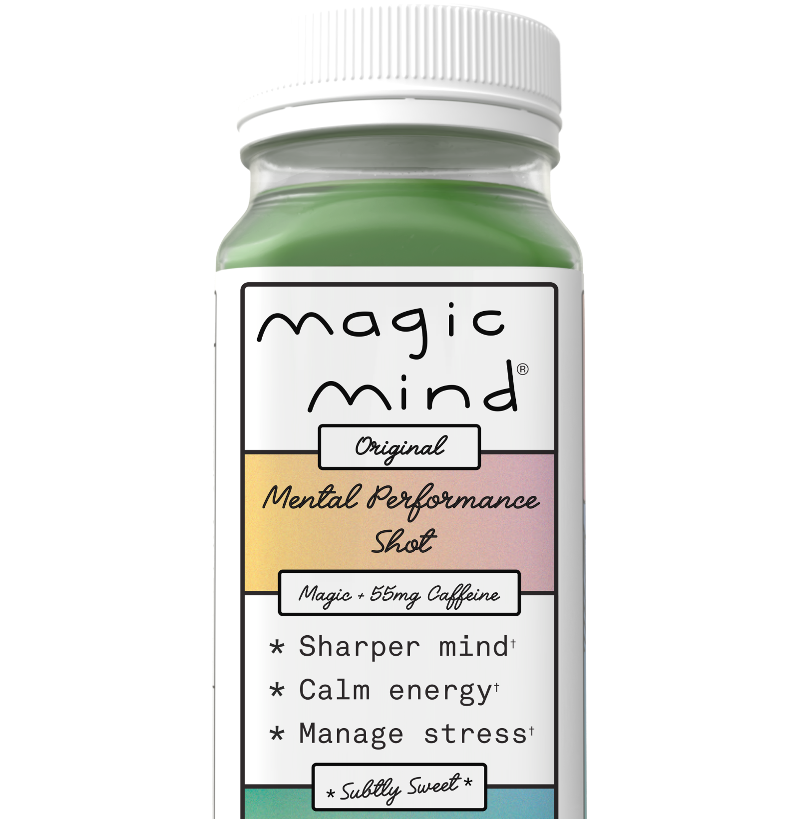 Bottle labeled 'Magic Mind' with text about mental performance benefits.