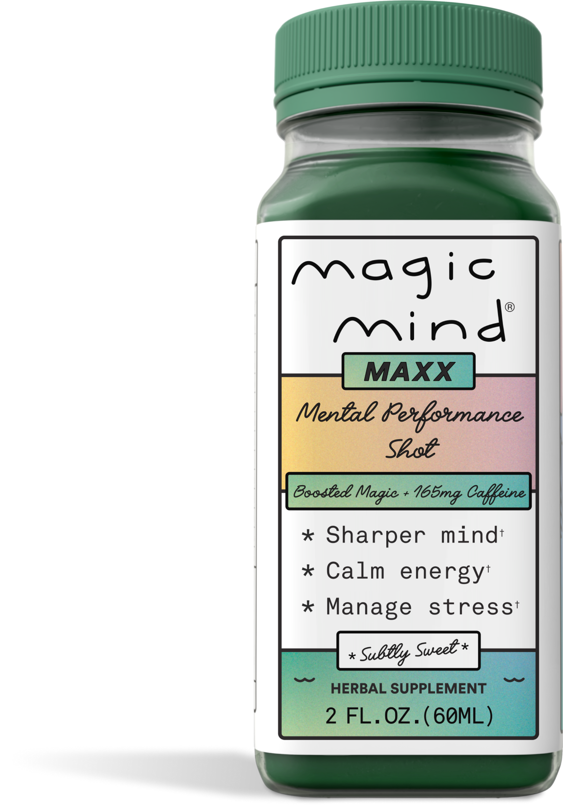 Green bottle labeled 'Magic Mind Maxx' mental performance shot.