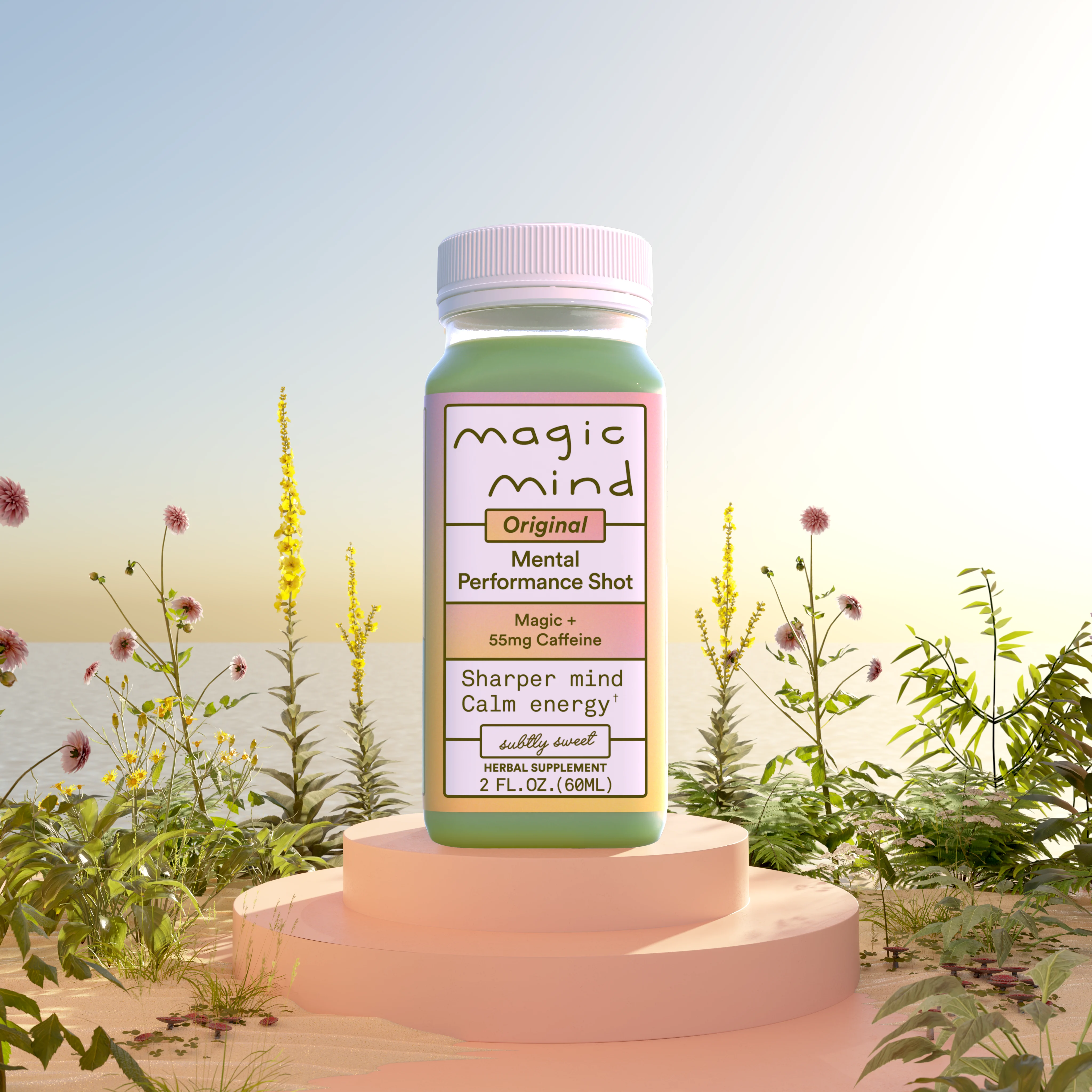 A bottle labeled 'Magic Mind' amid a floral landscape with a calm sea background.