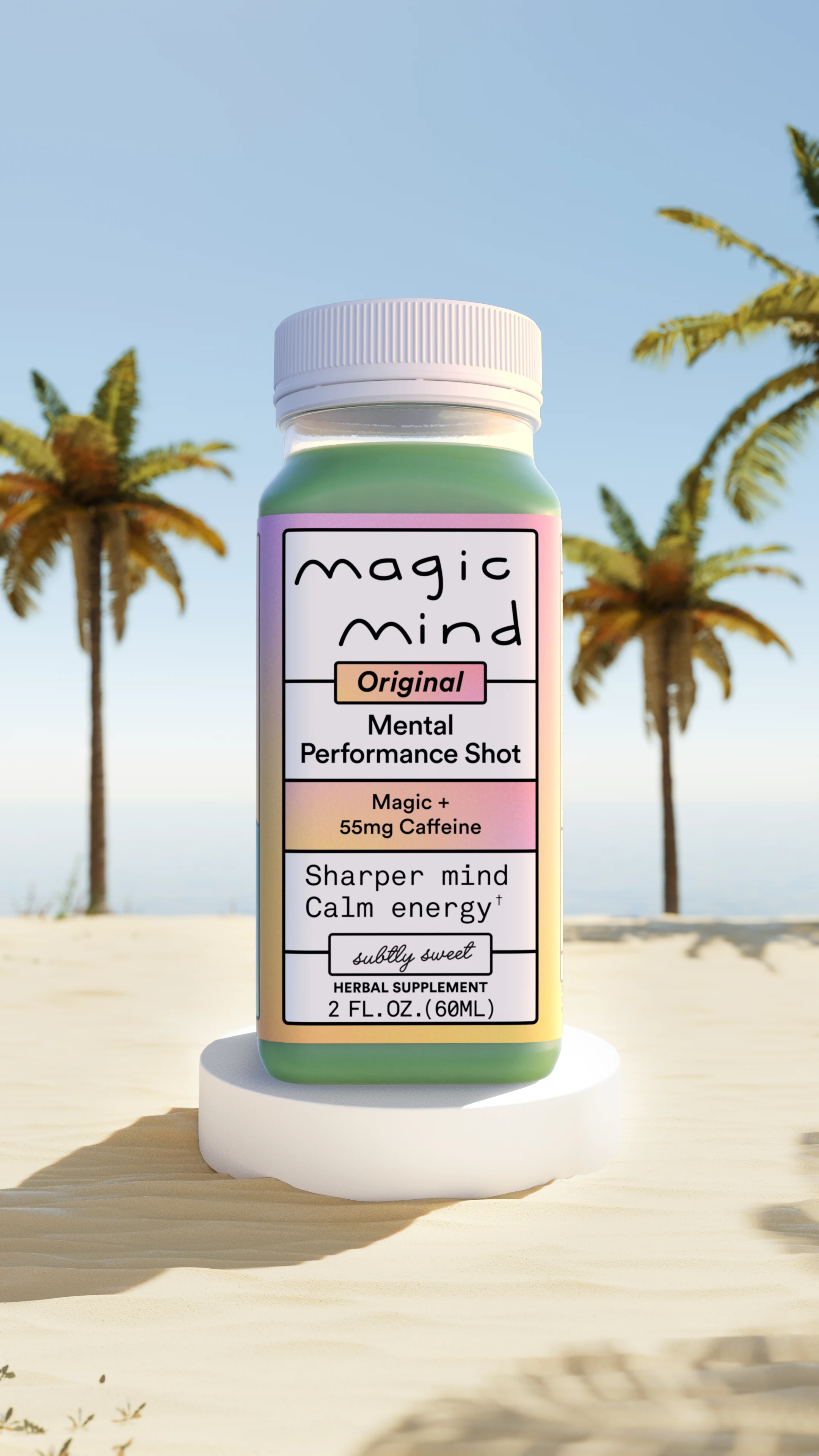 A bottle labeled 'Magic Mind' stands on a sandy surface with palm trees in the background.