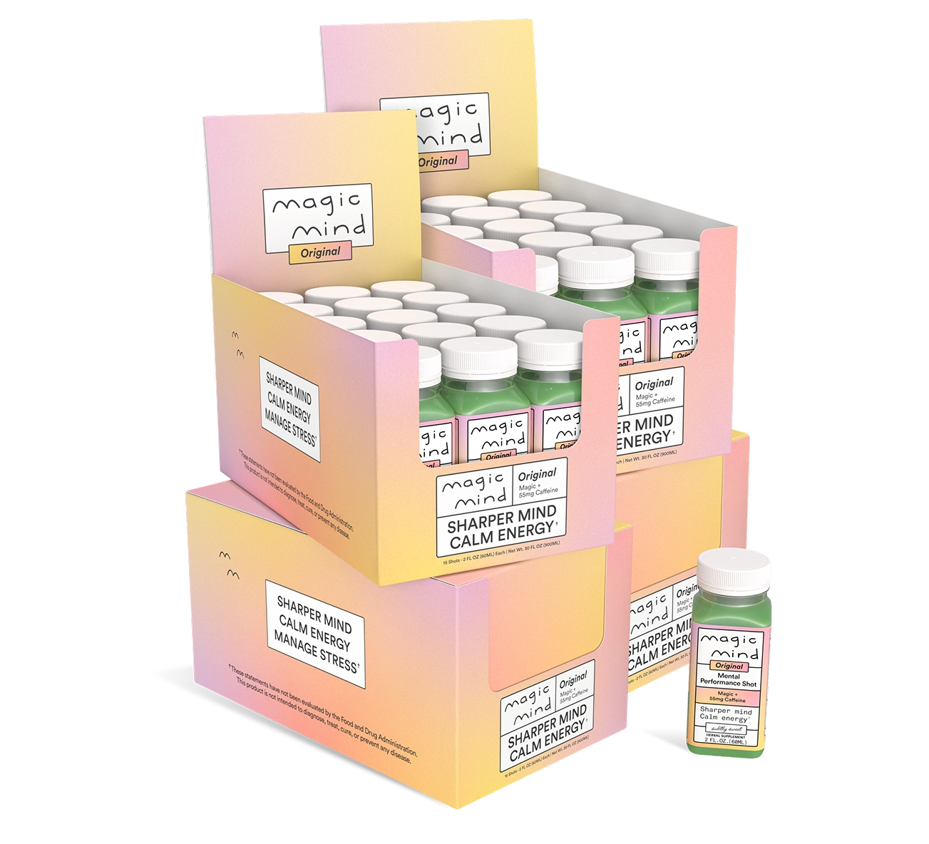 Boxes of Magic Mind bottles with labels reading 'Sharper Mind, Calm Energy.'