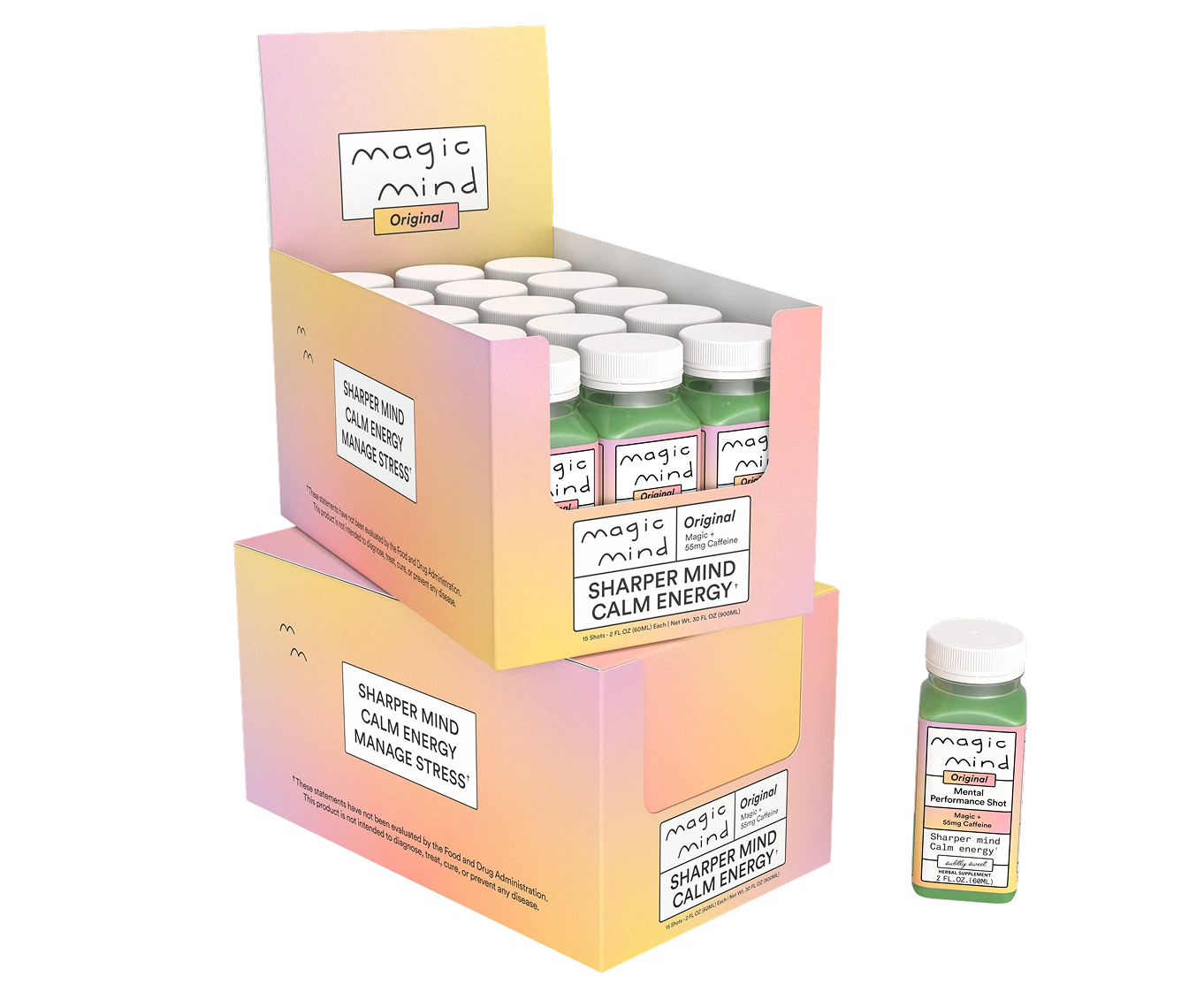 Display box of Magic Mind energy shots with individual bottle beside it.