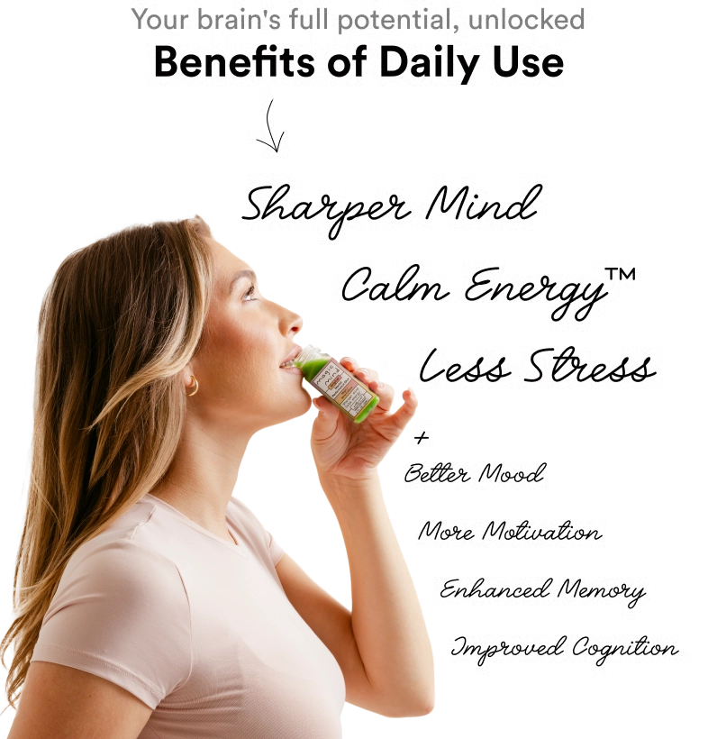 Person drinking from a small green bottle, with benefits of use listed beside.