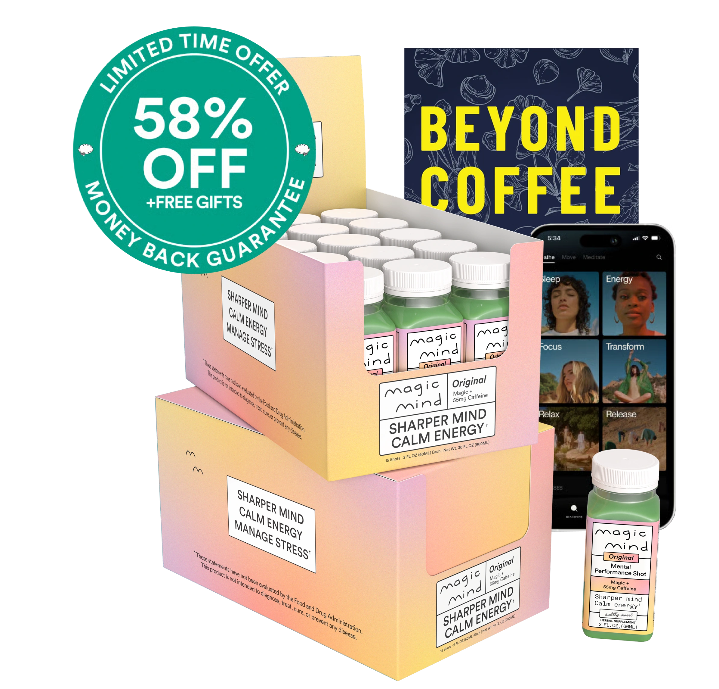 Display of Magic Mind bottles with a smartphone and 'Beyond Coffee' sign.