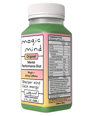 Green bottle with a label showing supplement facts and 'Magic Mind' branding.