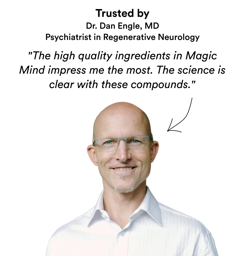 Man in glasses with text about Magic Mind ingredients.
