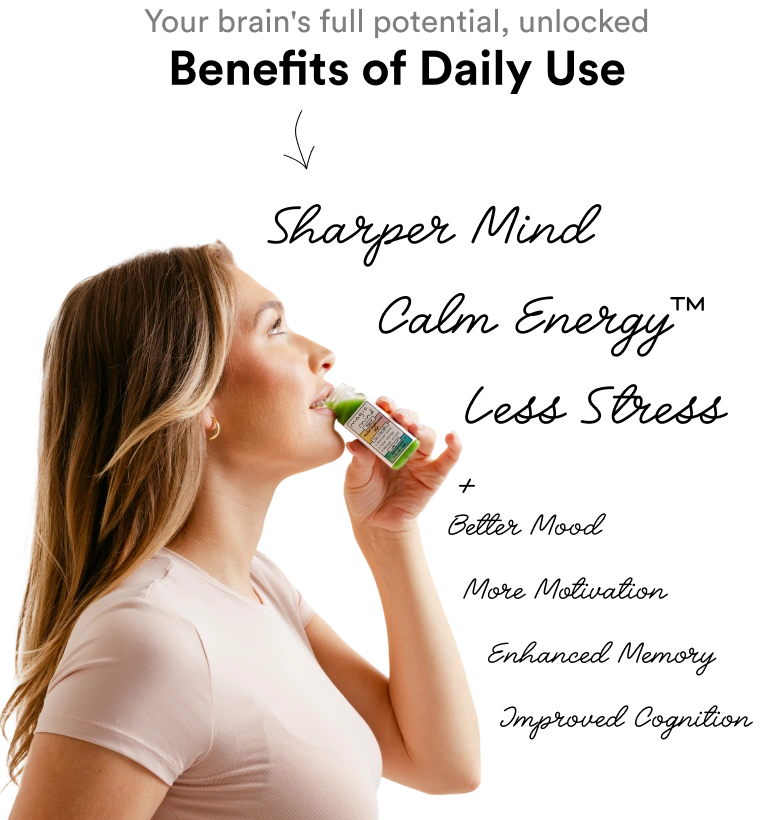 Woman drinking from a small bottle with text about cognitive benefits.
