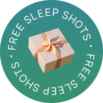 Ribbon-wrapped gift box on green circle with 'Free Sleep Shots' text.