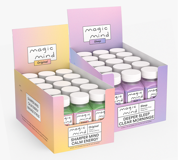 Boxes of Magic Mind bottles labeled 'Original' and 'Sleep' with various colors.