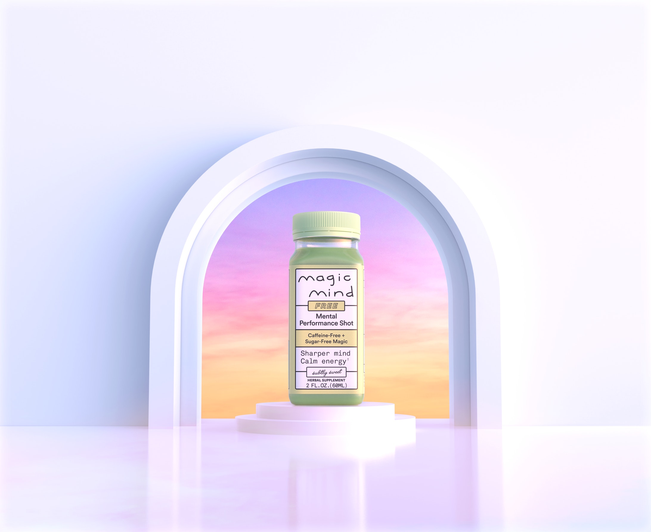 A small green bottle labeled 'Magic Mind' in an archway with a colorful sky background.