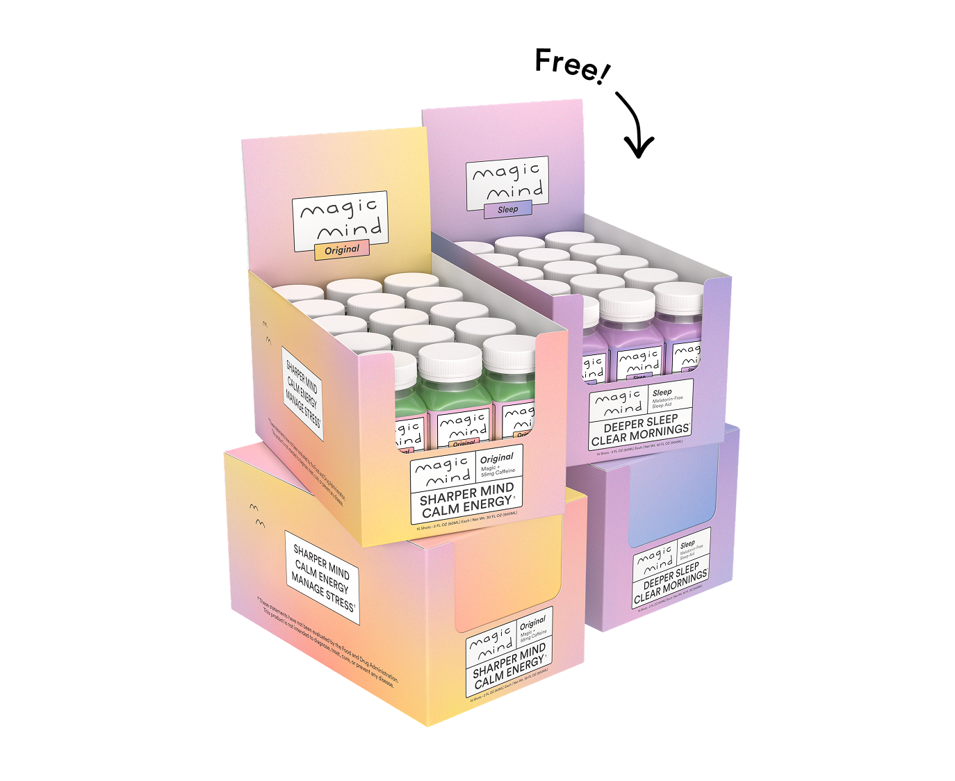 Boxes of bottled drinks labeled 'magic mind' in pastel colors.