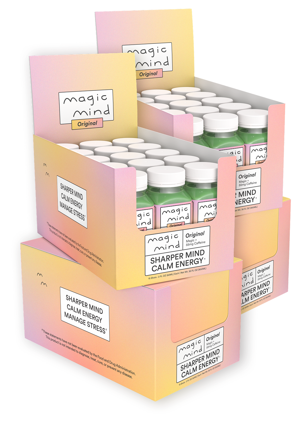 Boxes of green energy shot bottles with 'Magic Mind' branding.