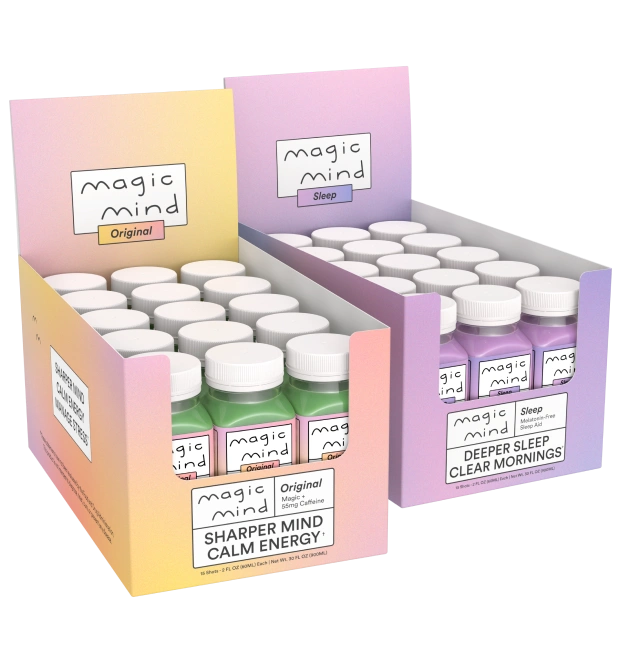 Two cartons with bottles labeled 'Magic Mind' for energy and sleep.