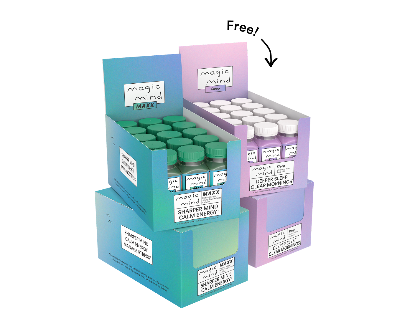 Three colorful boxes of Magic Mind energy and sleep supplements.