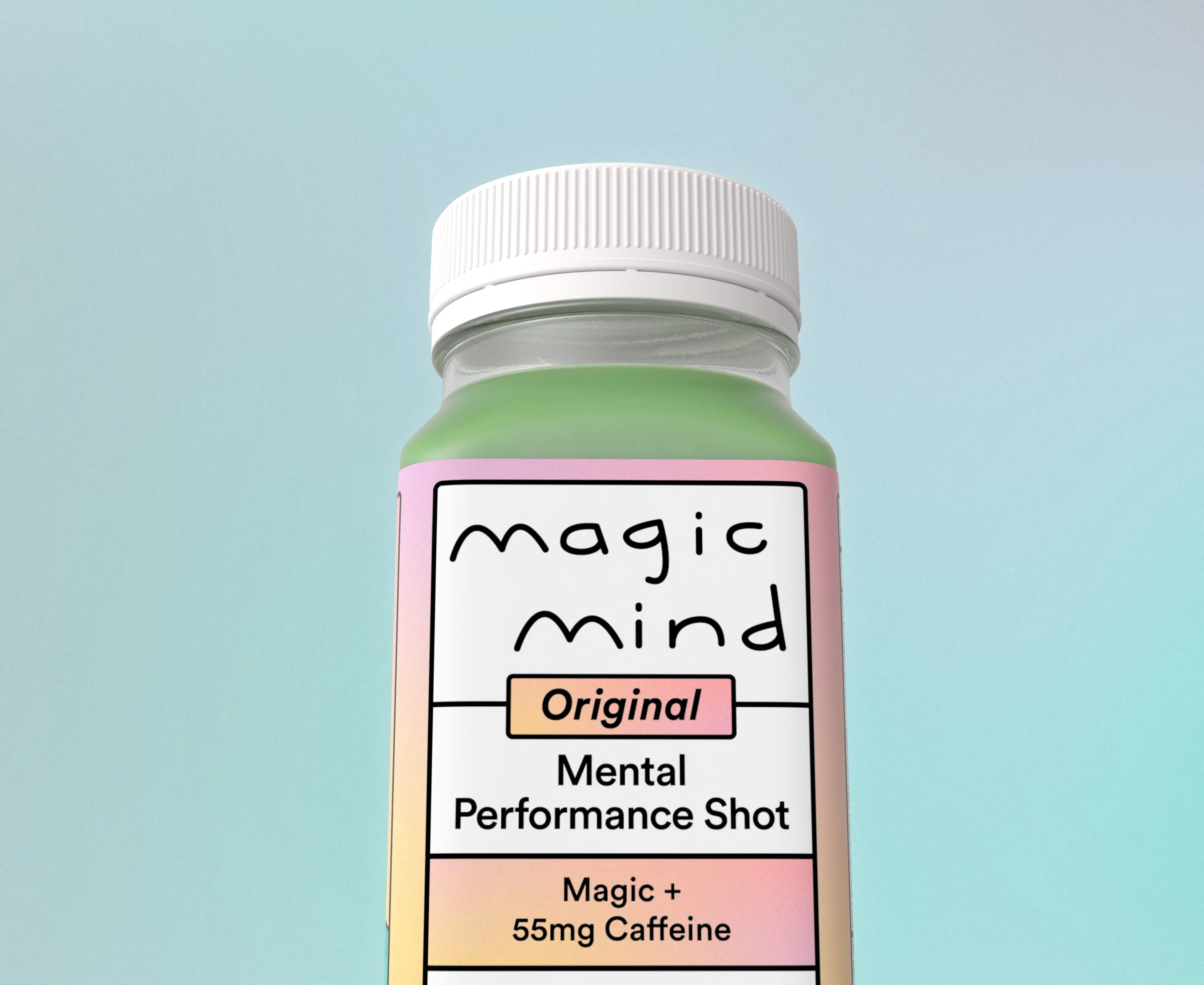 A bottle labeled 'magic mind' with a gradient background.