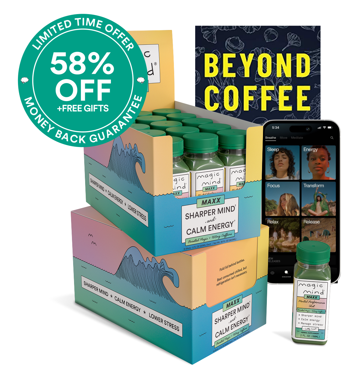 Boxes of Magic Mind bottles with a phone and 'Beyond Coffee' text.
