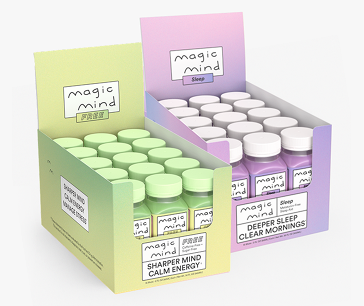 Two boxes of bottled drinks labeled 'Magic Mind'.