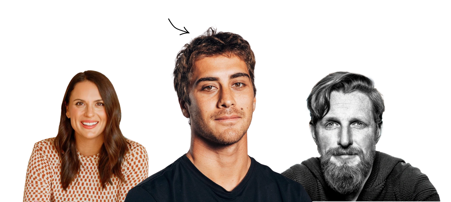 Three people with different expressions on a green background.