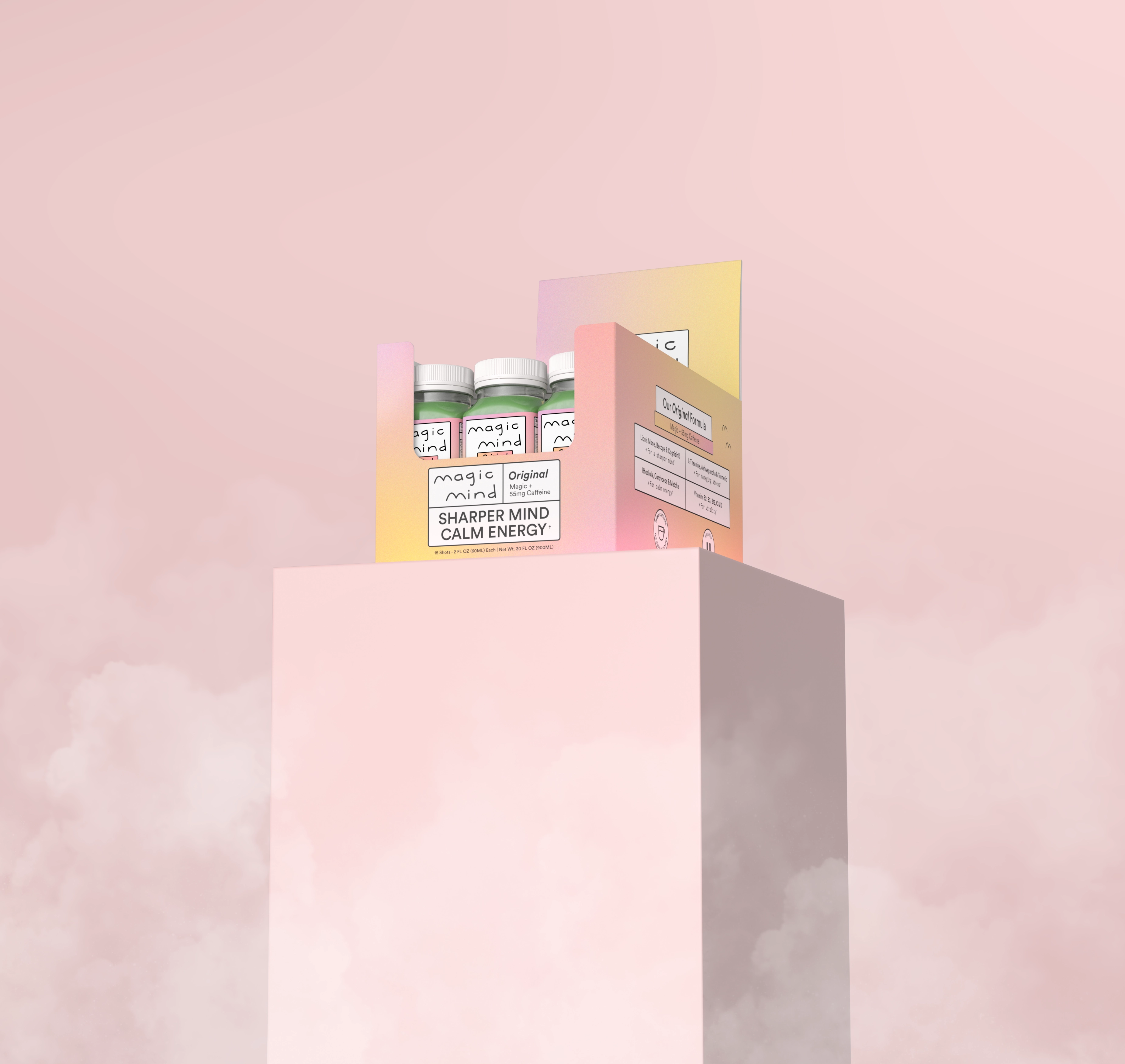 A box of supplement bottles labeled 'Sharper Mind Calm Energy' on a pink pedestal.