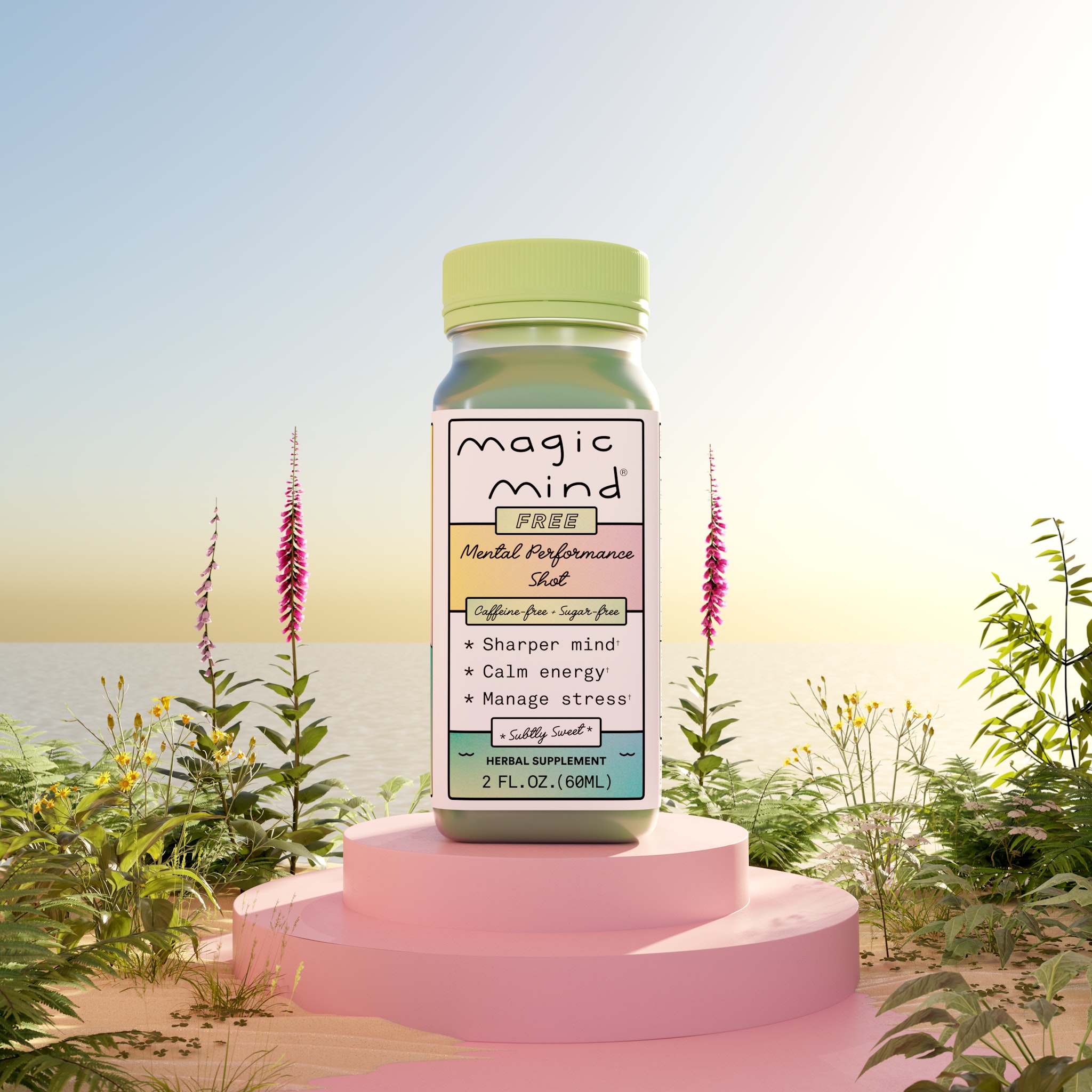 A bottle of Magic Mind on a pink pedestal with plants and a beach background.