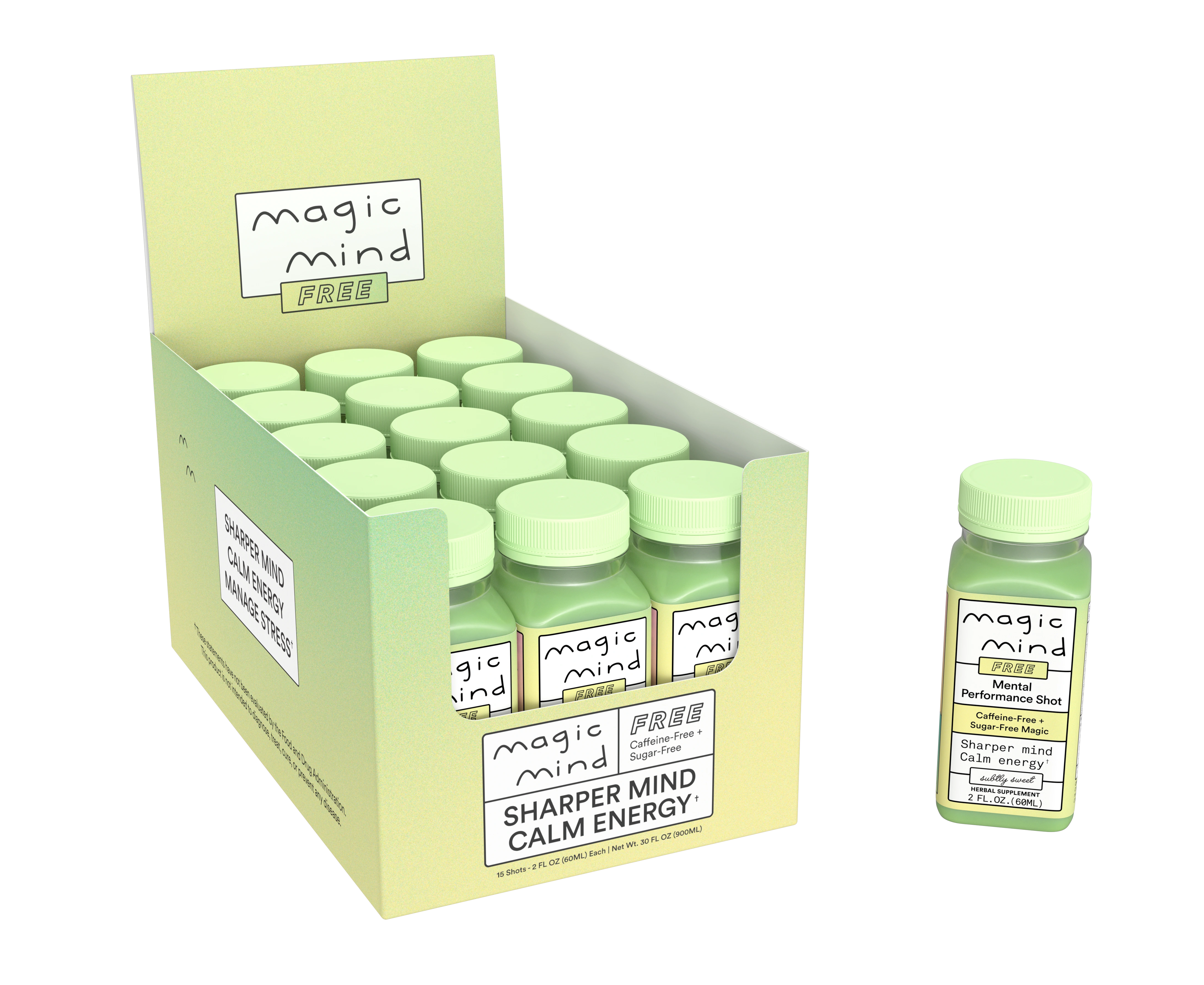 Box of green bottles labeled 'Magic Mind' with one bottle separate.