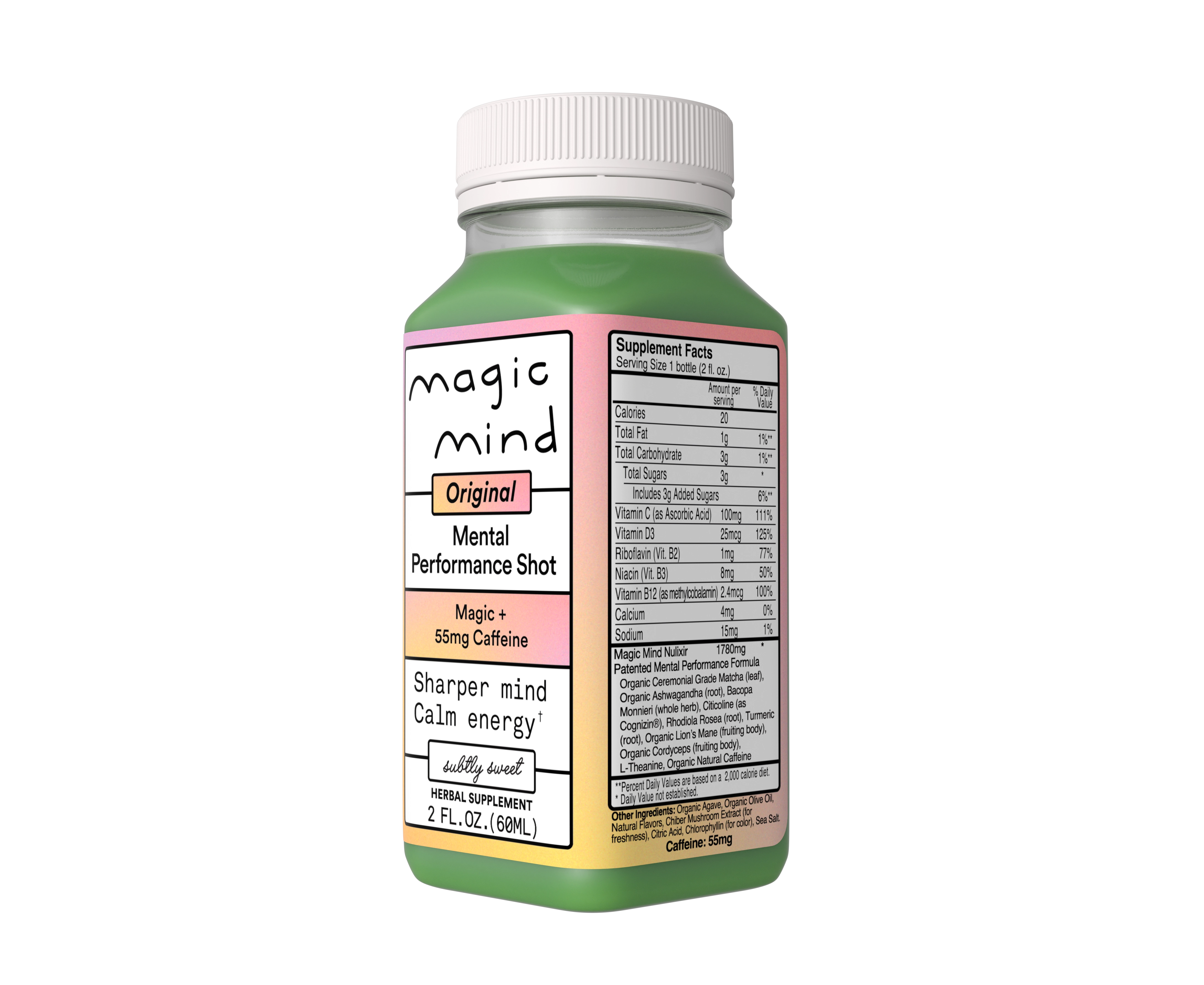 Green bottle of 'Magic Mind' mental performance shot with nutrition facts.