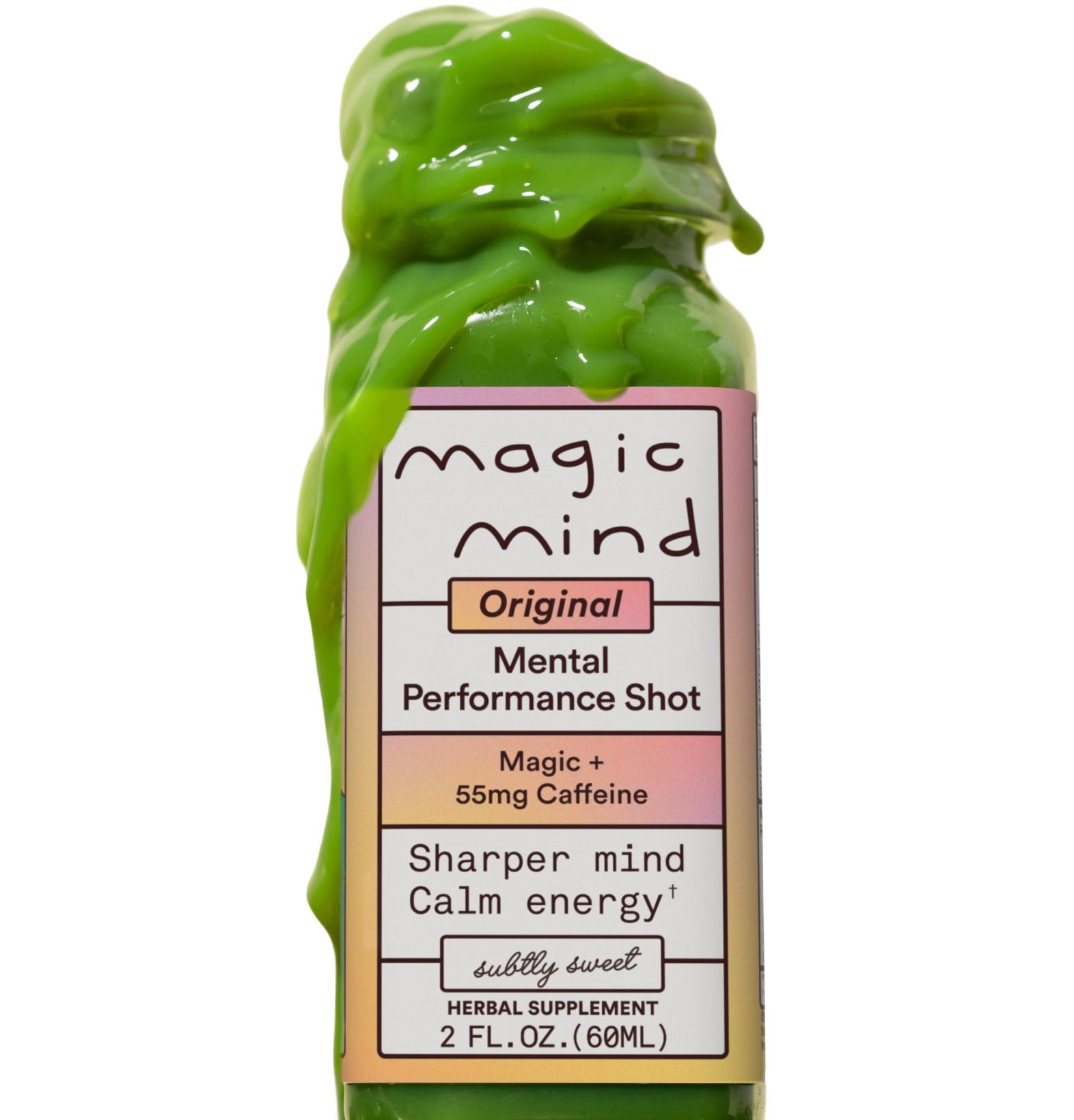A small bottle with green liquid labeled 'magic mind' for mental performance.