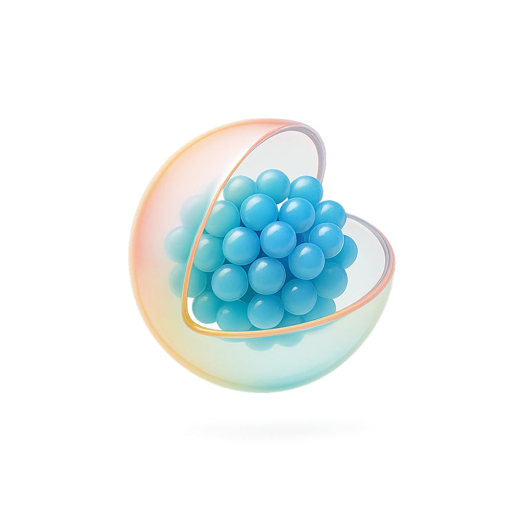 Transparent sphere with blue spheres inside, on a plain background.