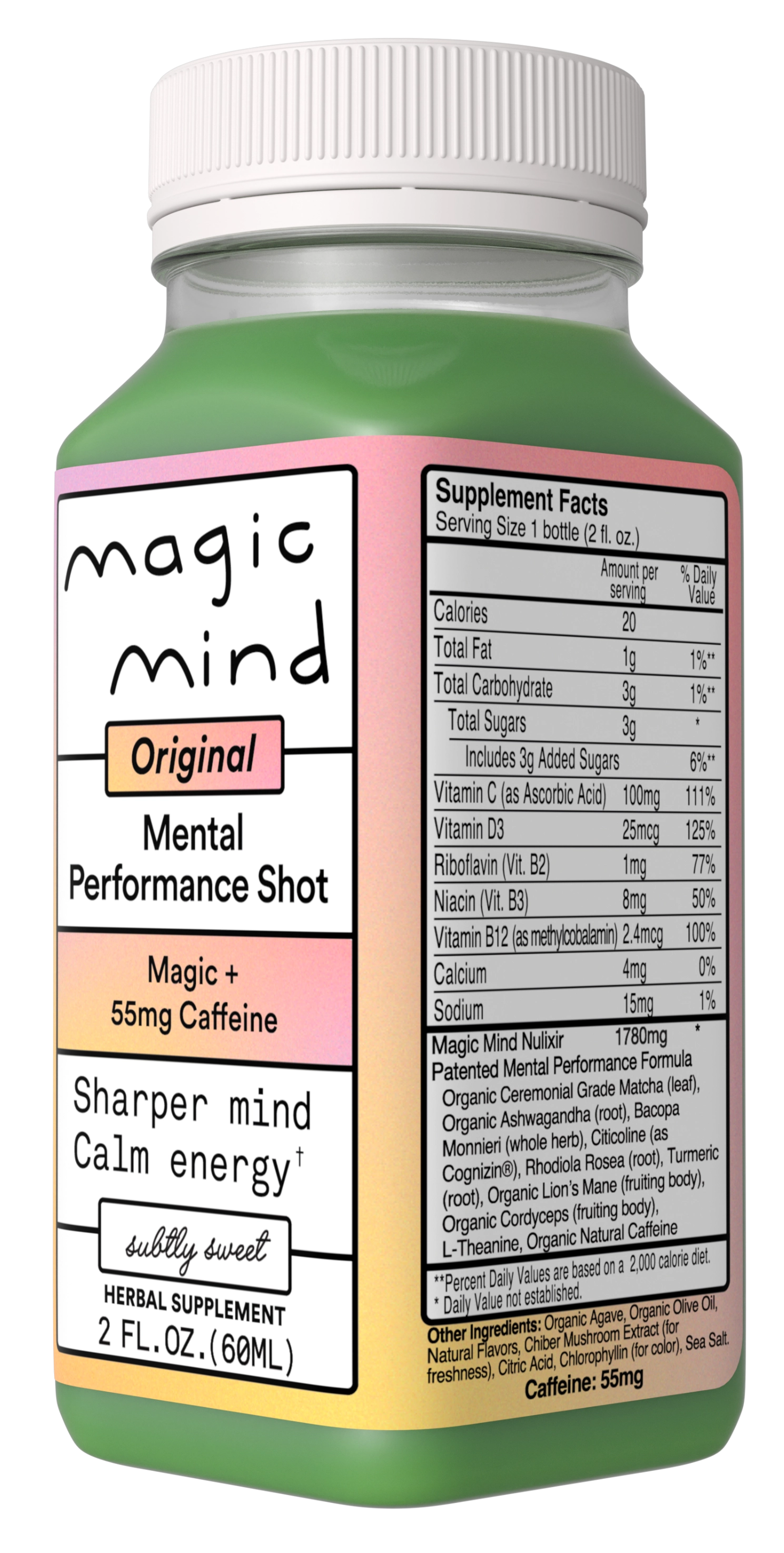 Bottle of Magic Mind mental performance shot with supplement facts.