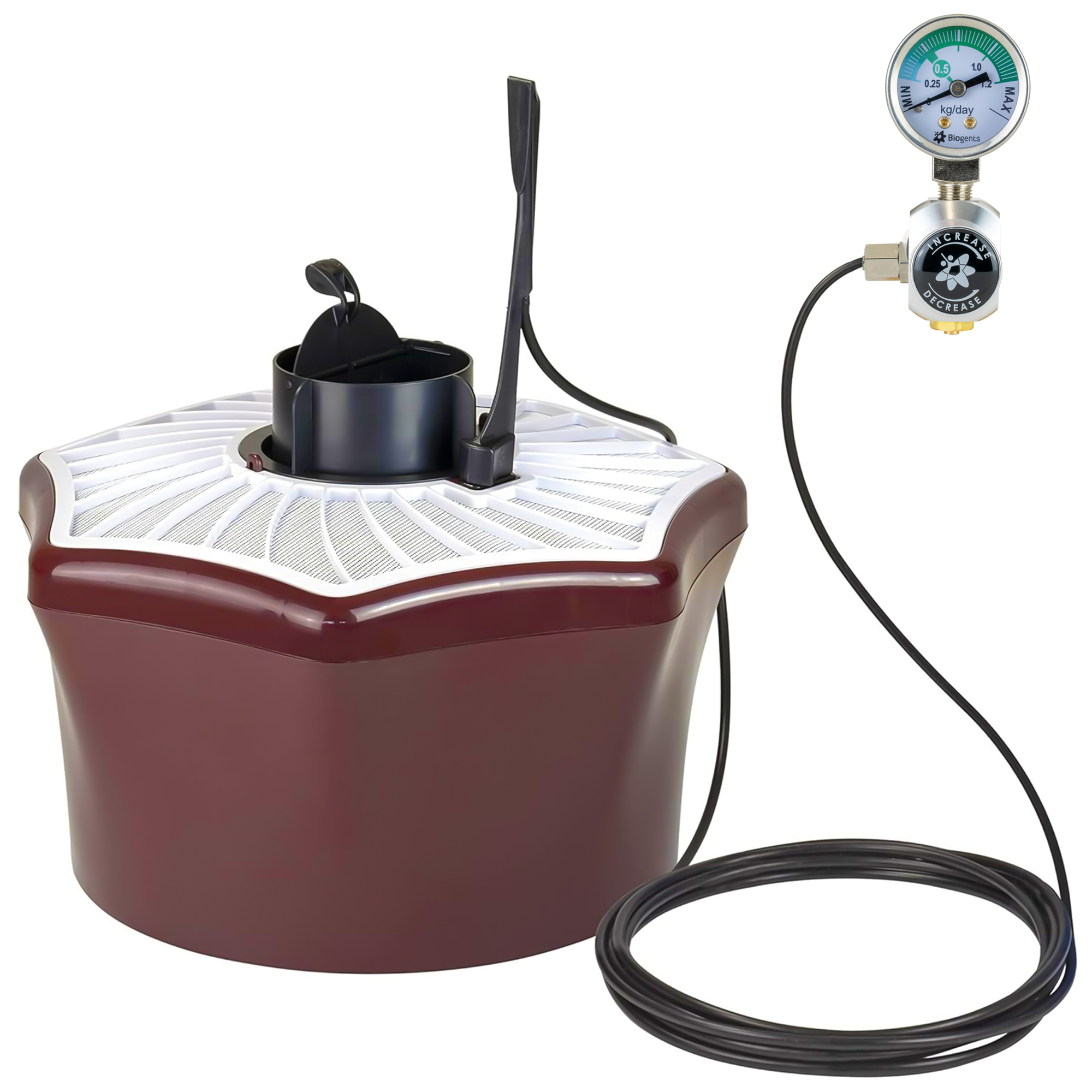 Brown and white device with a pressure gauge and connected hose.