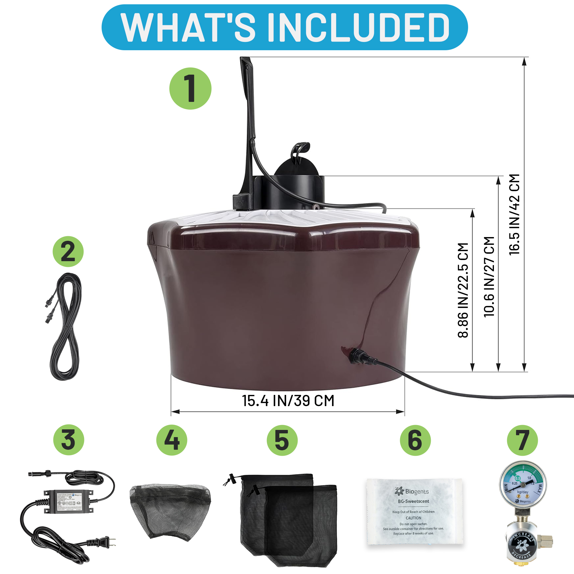 Package contents showing a brown device, cables, nets, a packet, and a gauge.