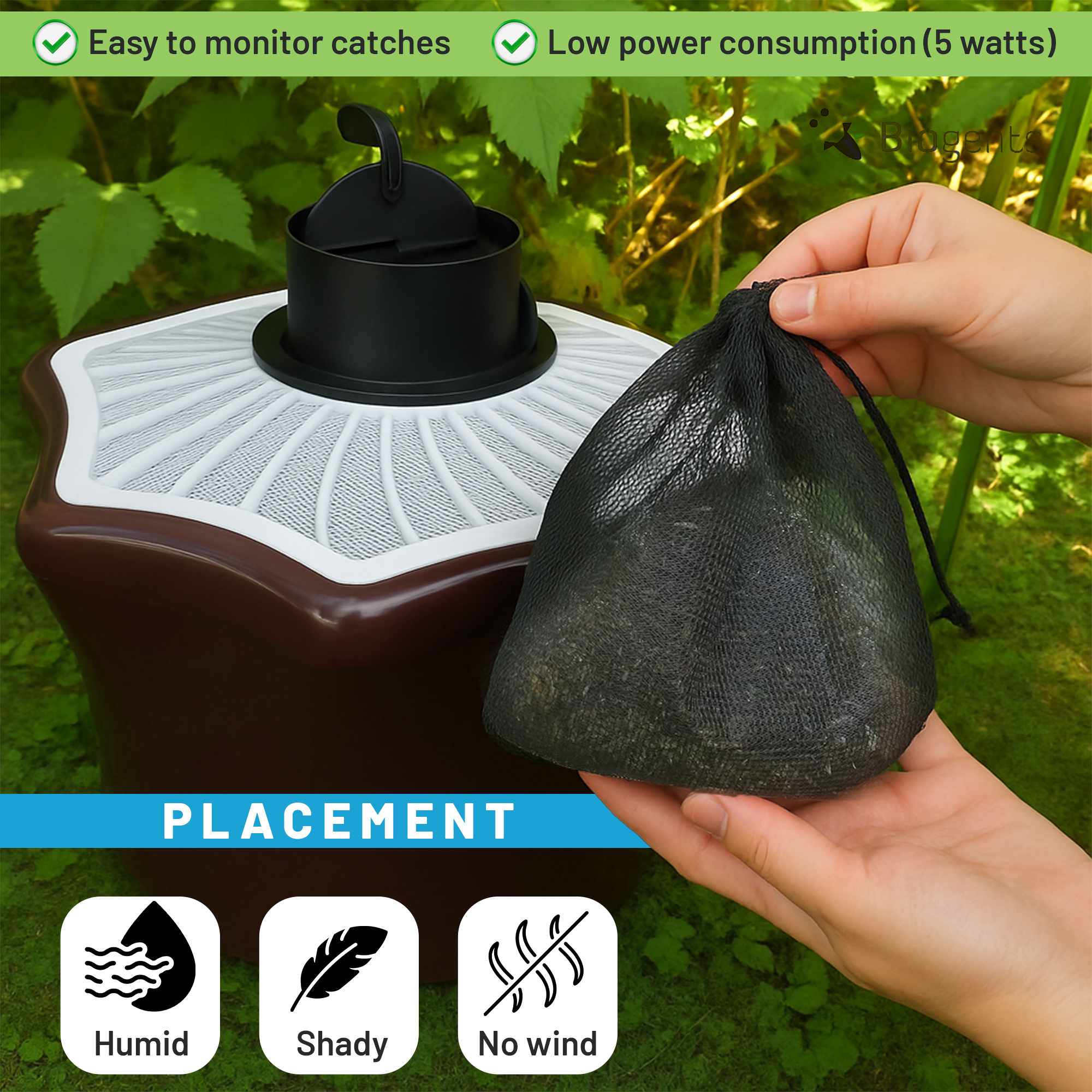 Person holding a black mesh bag near a trap, surrounded by greenery.