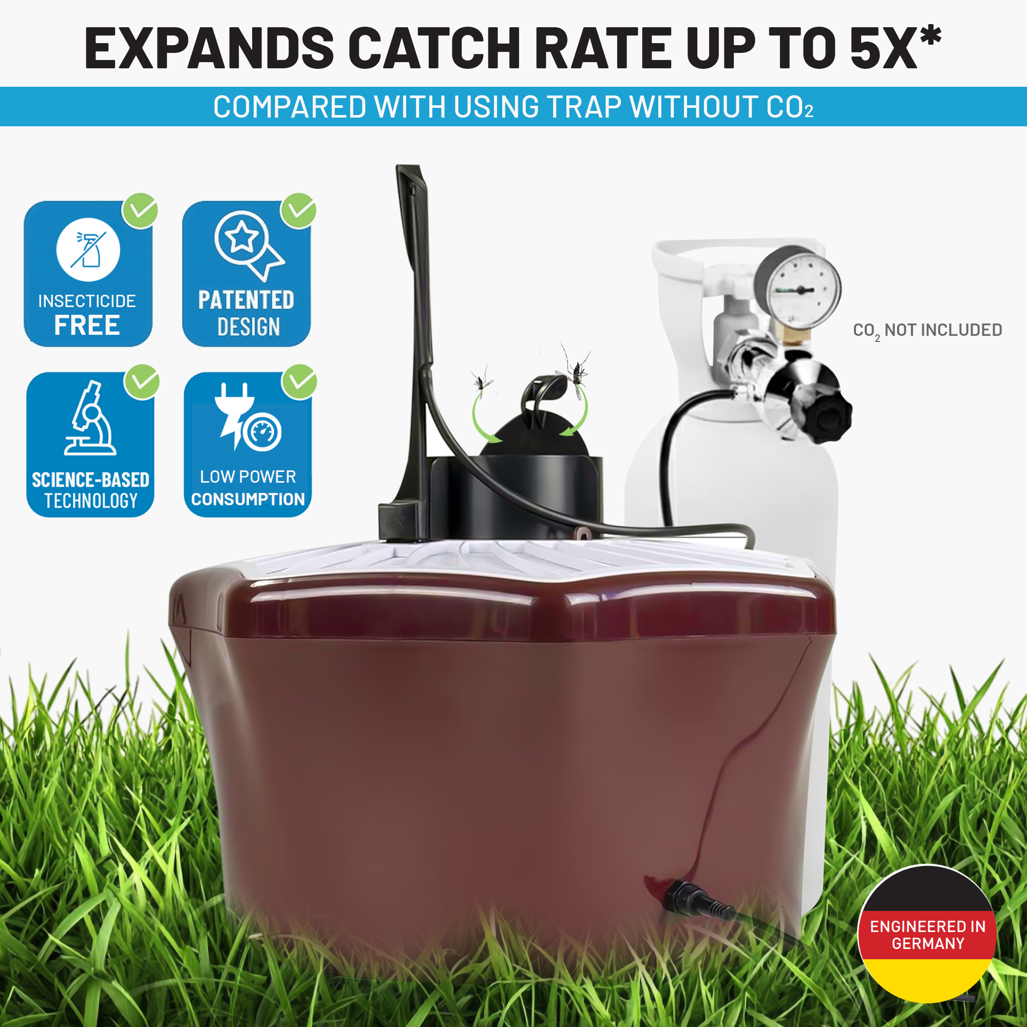 Mosquito trap with icons showing features like insecticide-free and low power consumption.